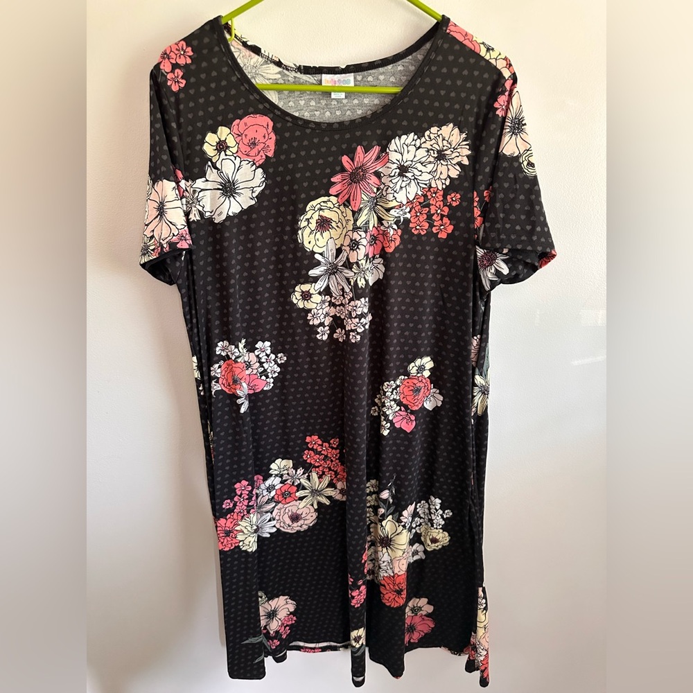LuLaRoe Black Scoop Neck Floral Dress with Pink & Cream Blooms